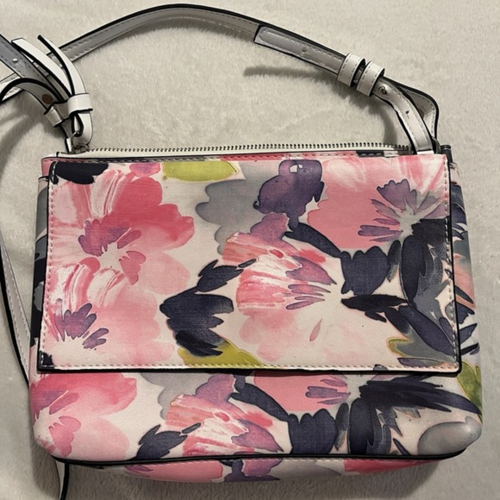 French Connection Floral Faux Leather Crossbody Double Sided Zip Top‎ 11x7 EUC